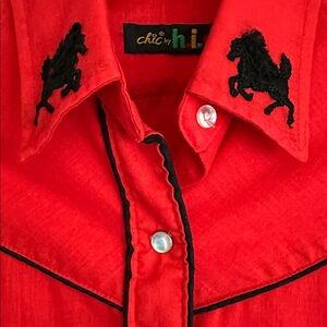 Vintage Western Pearl Button Shirt Ferrari RED with Black Horses M Womens
